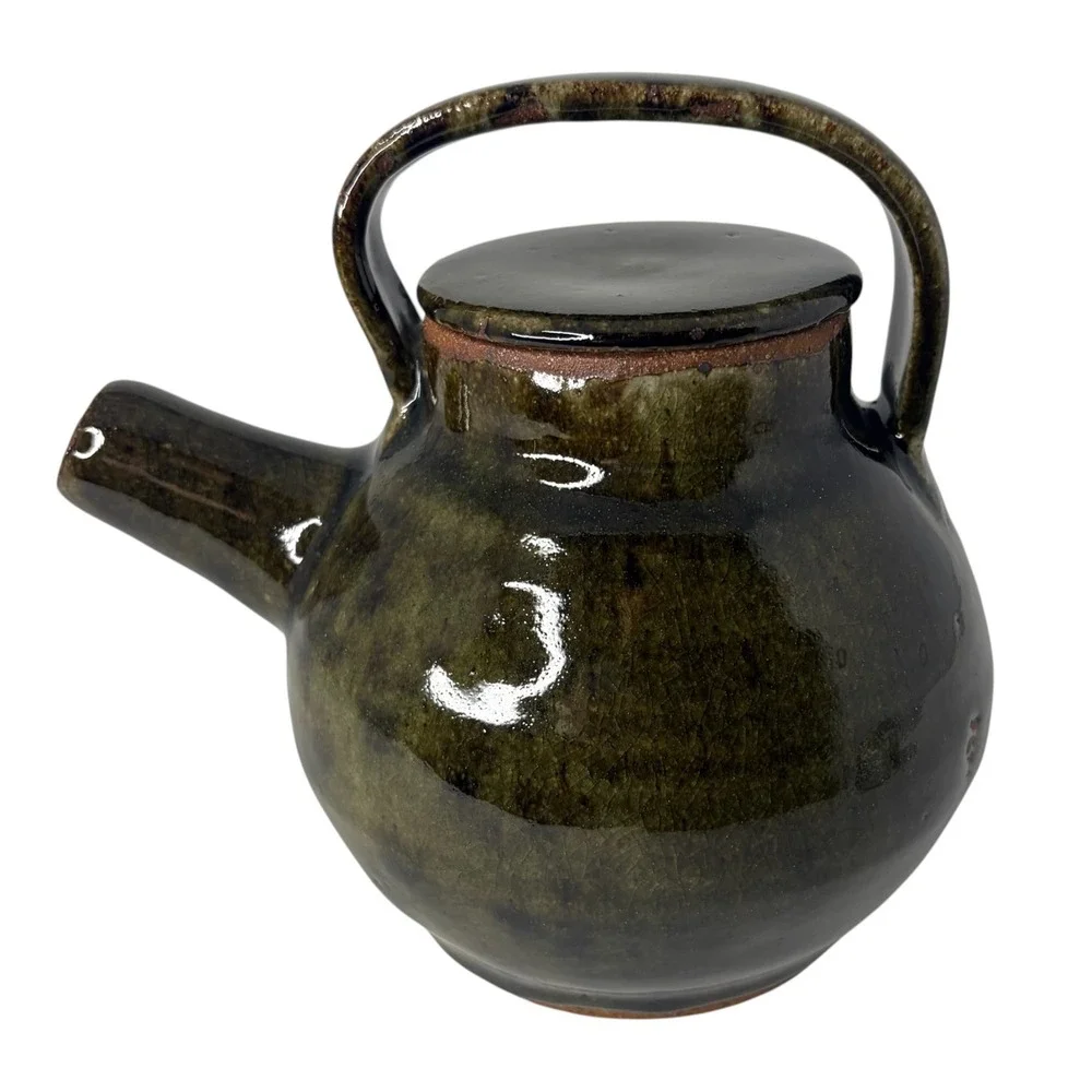 Vintage Signed Studio Pottery Stoneware Teapot Olive Green Mingei Style USA